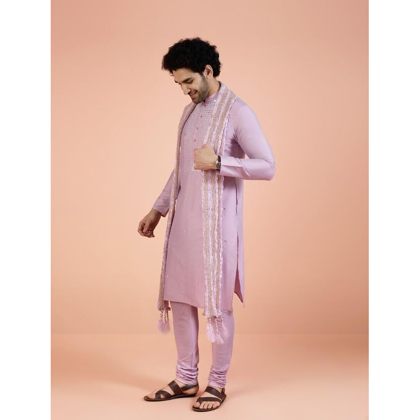 Kisah Men Onion Pink Embellished Kurta Churidar Dupatta Set With Mirror Work, 40