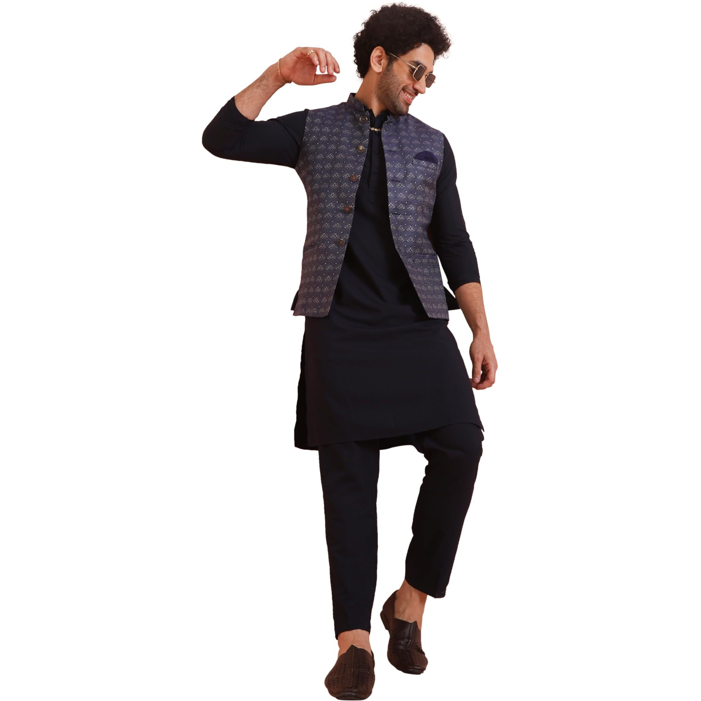 Kisah Men's Kurta Jacket Trouser Set, Blue Jacquard, Woven Design Regular Fit Long Sleeves Mandarin Collar (S)