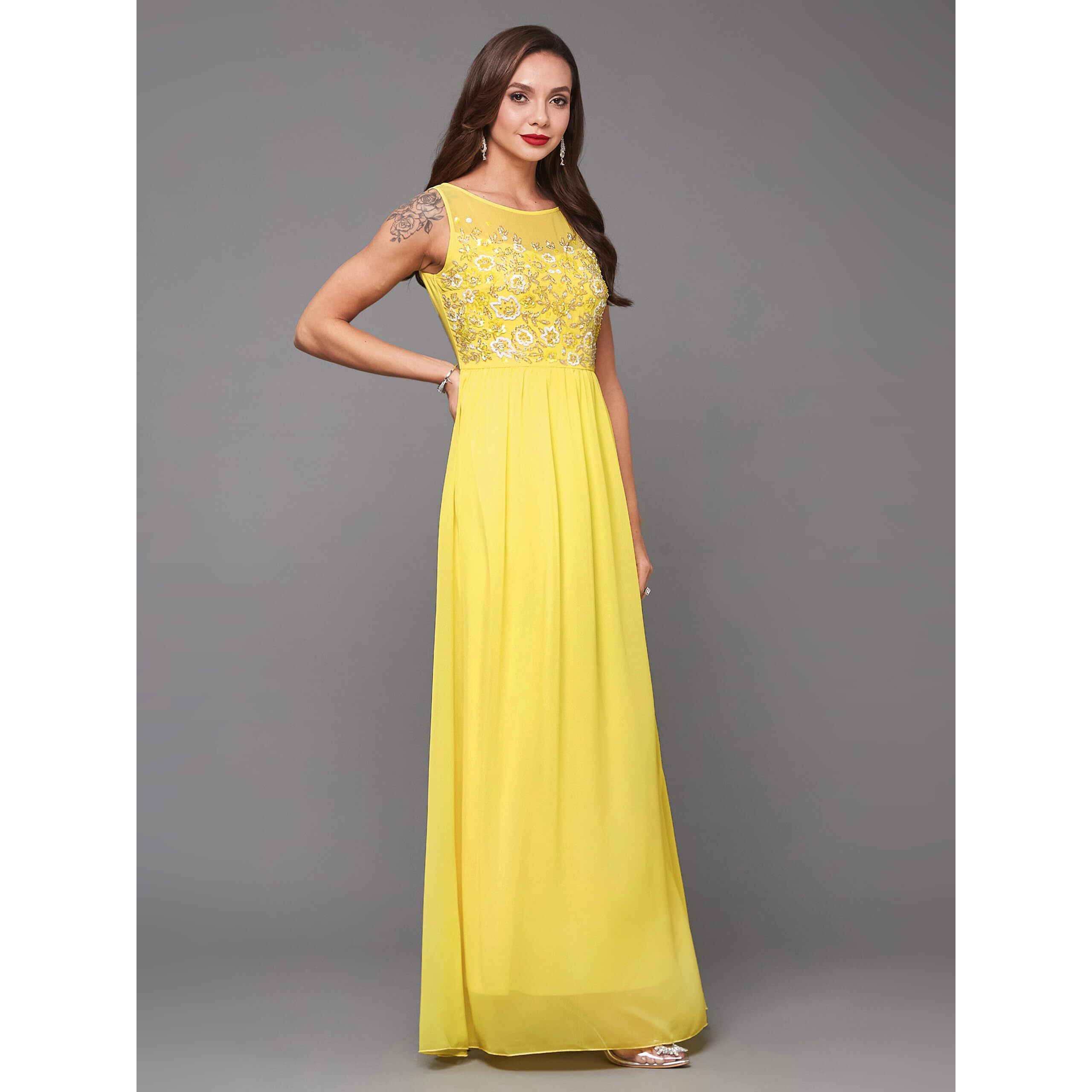 Miss Chase Womens Boat Neck Sleeveless Embroidered Georgette Maxi Dress (Plus Size) (Mcaw19D08-45-304-04, Light Yellow, M)