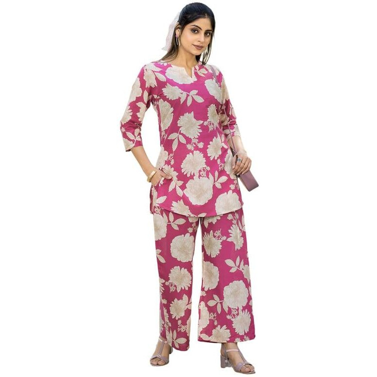 Pinkmint Womens Pure Cotton Co Ord Set L Flower Printed Co Ord Set L Stylish Pocket & 3/4 Sleeve Women Co-Ord Set