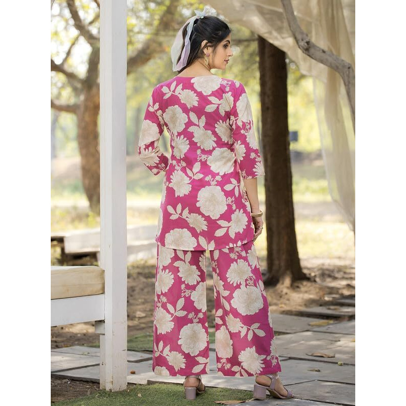 Pinkmint Womens Pure Cotton Co Ord Set L Flower Printed Co Ord Set L Stylish Pocket & 3/4 Sleeve Women Co-Ord Set