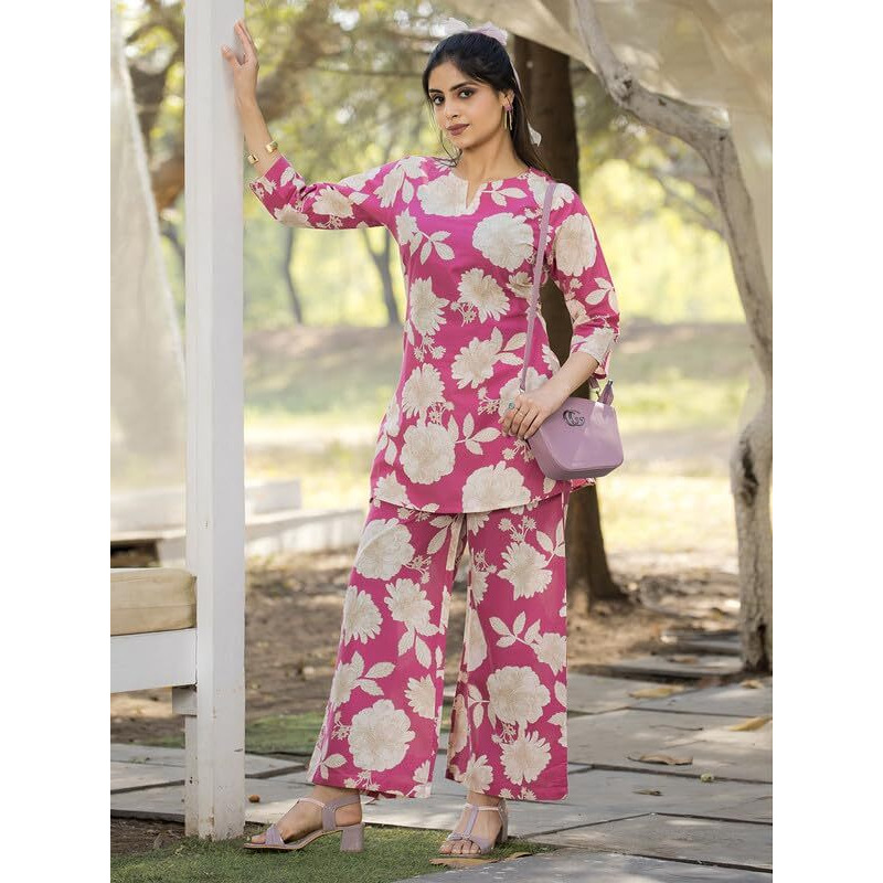 Pinkmint Womens Pure Cotton Co Ord Set L Flower Printed Co Ord Set L Stylish Pocket & 3/4 Sleeve Women Co-Ord Set