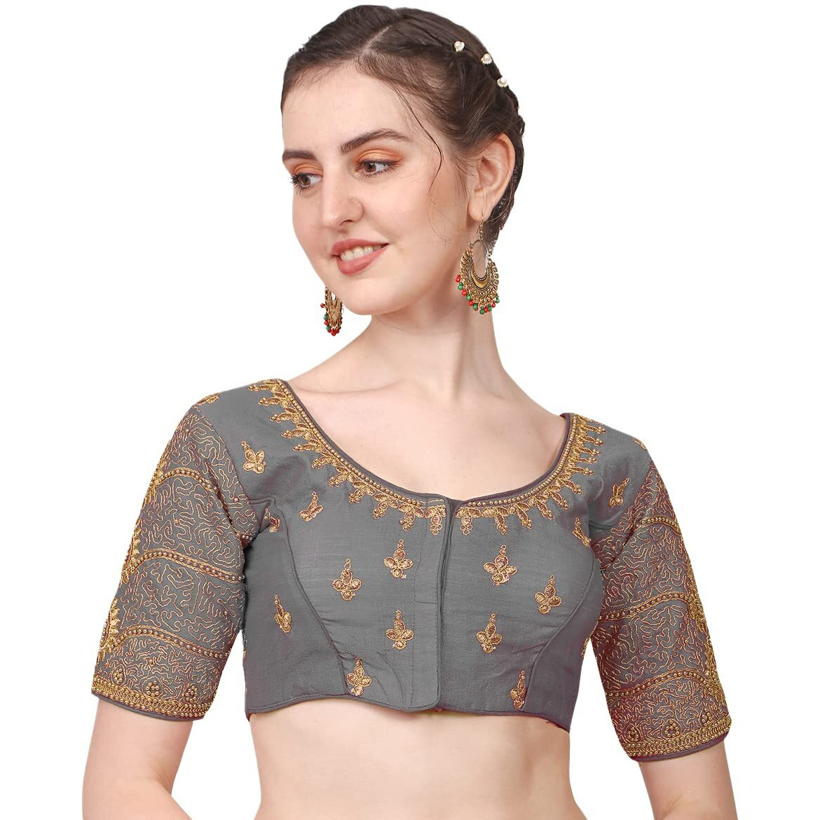 Pujia Mills Womens Silk Chevron Half Sleeve Blouse (Billa Grey 38_Grey_38)