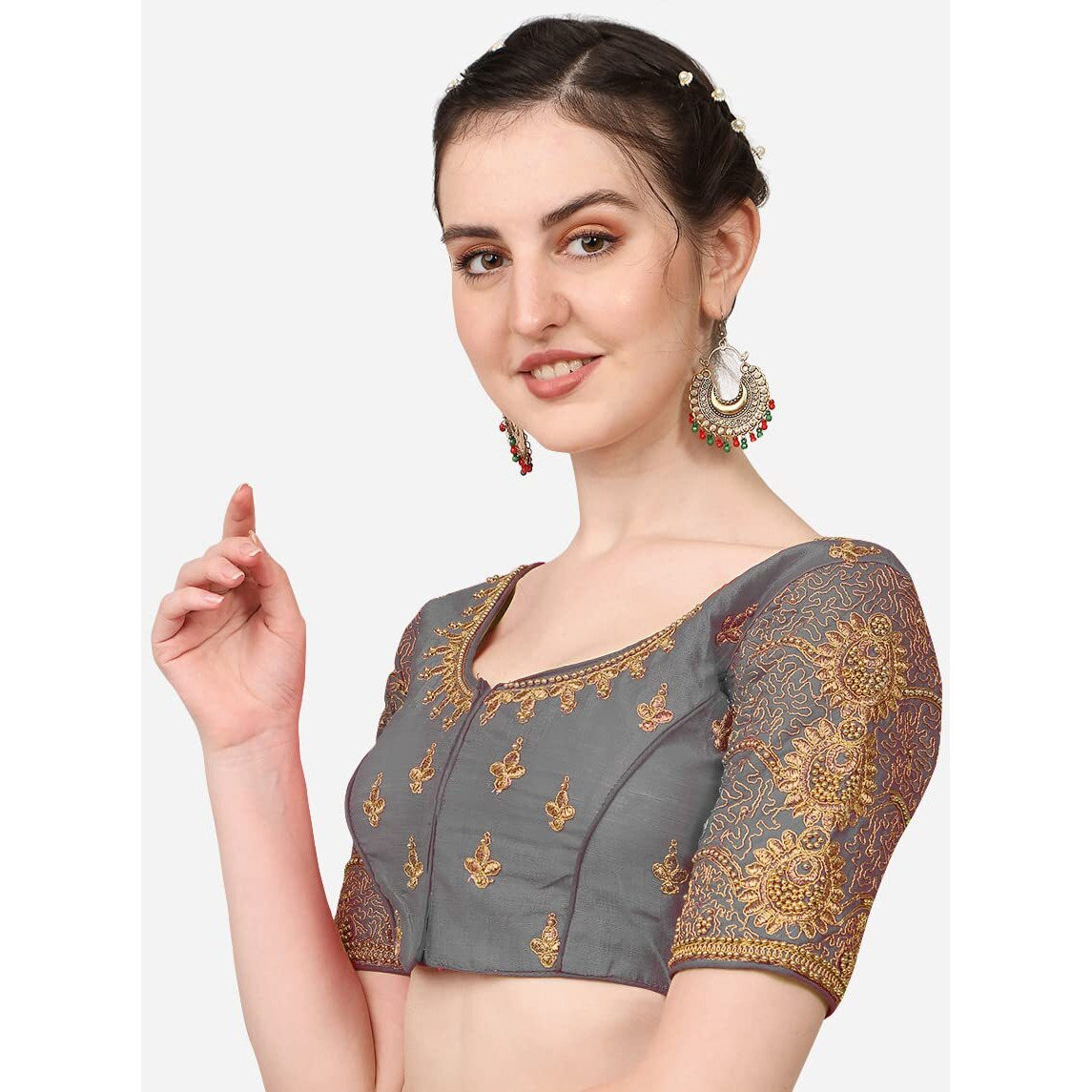 Pujia Mills Womens Silk Chevron Half Sleeve Blouse (Billa Grey 38_Grey_38)