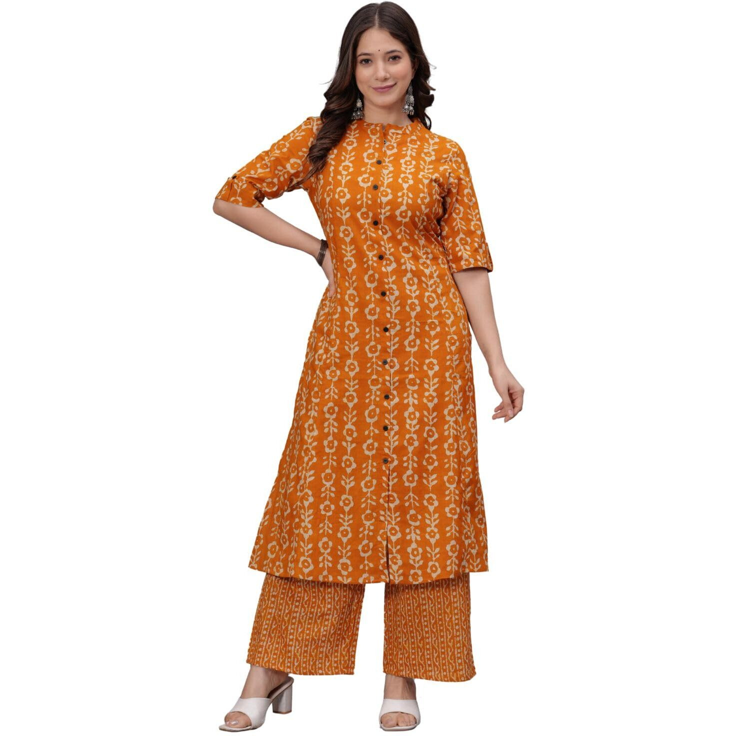 Rytras Womens Pure Cotton Printed A-Line Kurta Set With Palazzo Pants - Ethnic Wear, Mustard(Ryt622-New,L)