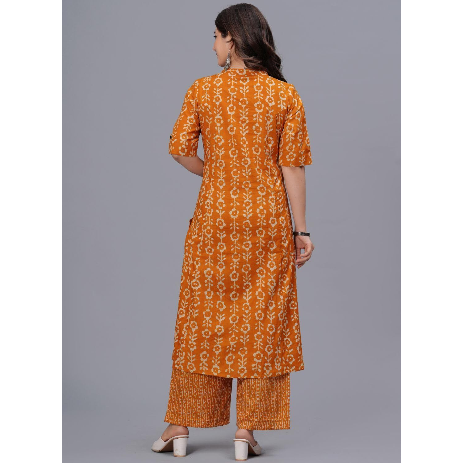 Rytras Womens Pure Cotton Printed A-Line Kurta Set With Palazzo Pants - Ethnic Wear, Mustard(Ryt622-New,L)
