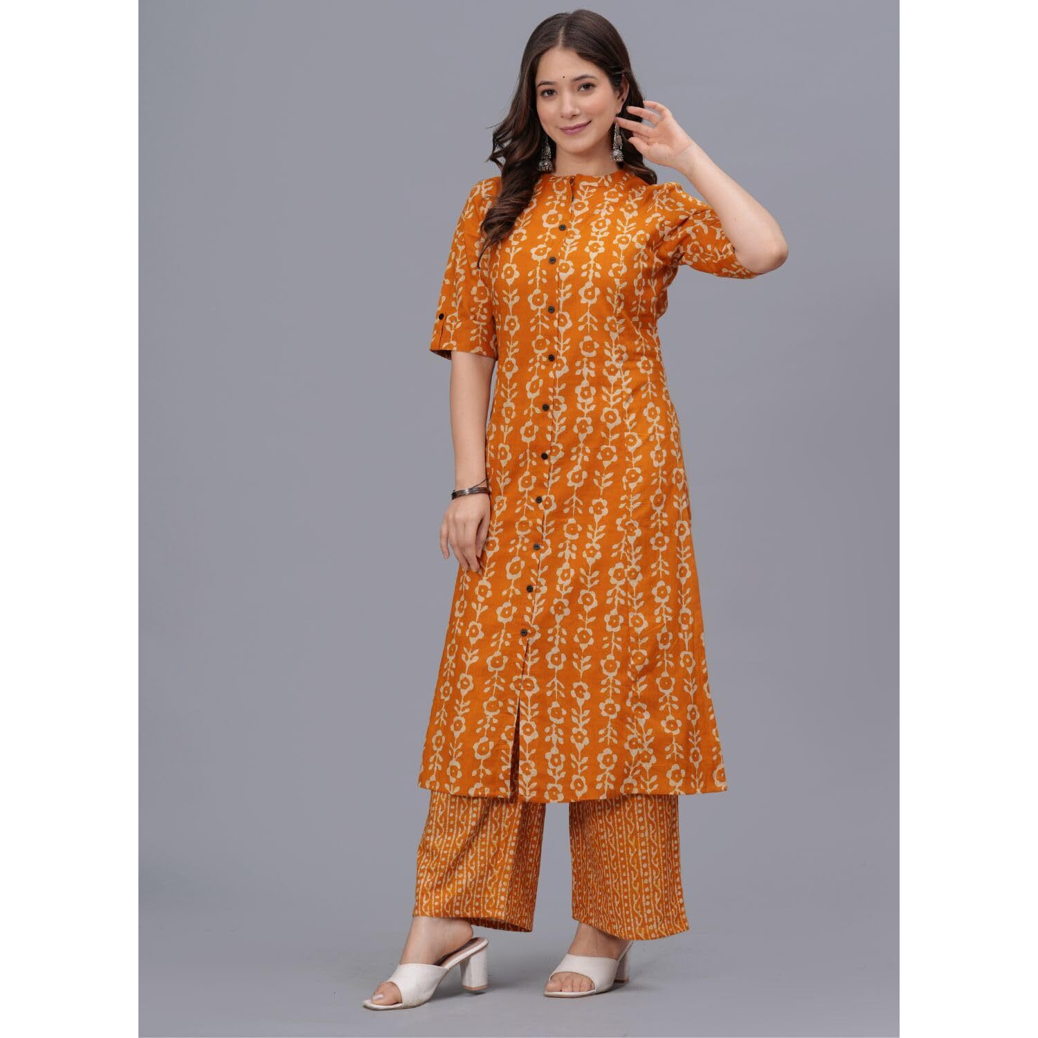 Rytras Womens Pure Cotton Printed A-Line Kurta Set With Palazzo Pants - Ethnic Wear, Mustard(Ryt622-New,L)