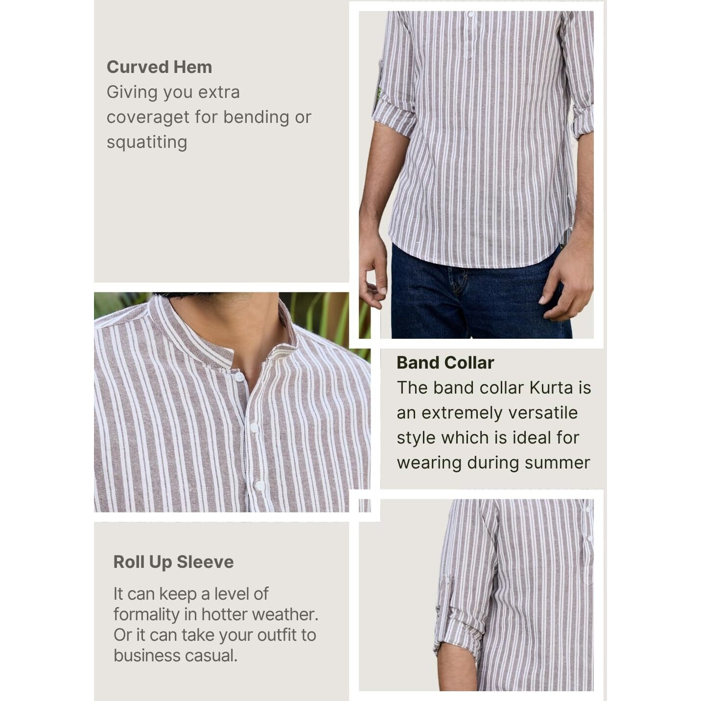 See Designs Mens Roll-Up Sleeve Mandarin Collar Brown Woven Striped Cotton Short Kurta - Sdkt2953L