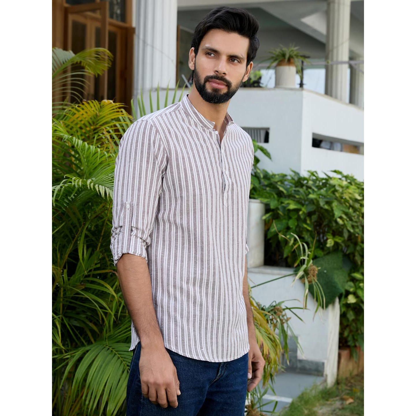 See Designs Mens Roll-Up Sleeve Mandarin Collar Brown Woven Striped Cotton Short Kurta - Sdkt2953L