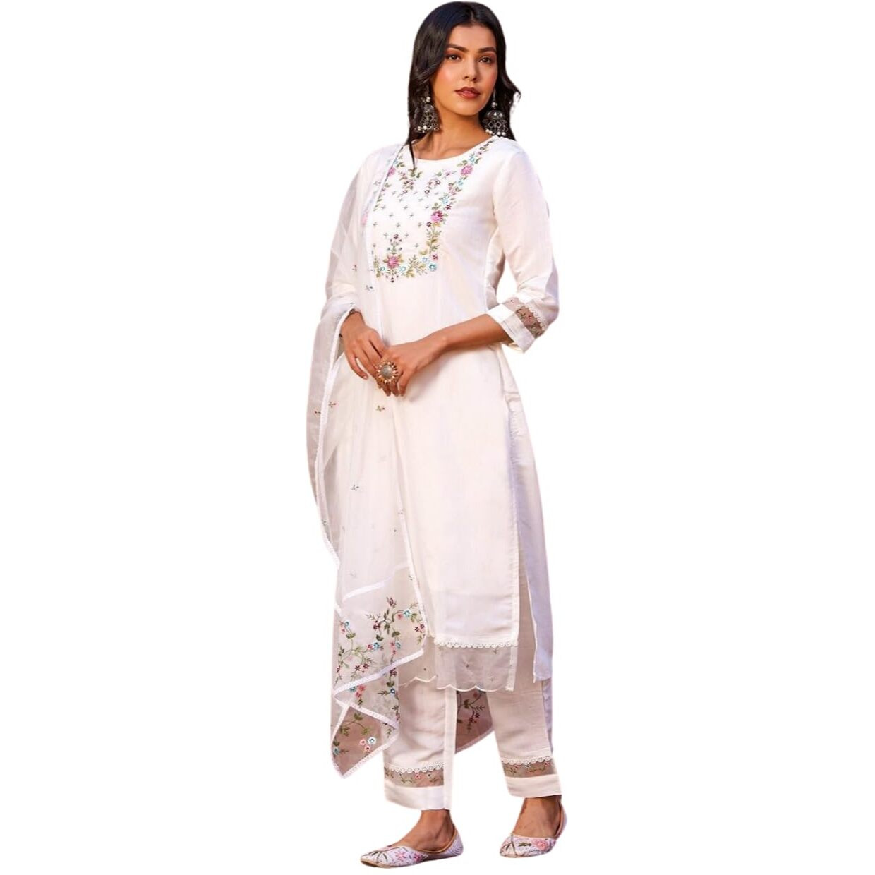Shiv Textiles Womens Chanderi Silk Embroidered Kurta Pant Dupatta Set(Jda-Vidya-Offwhite-L)