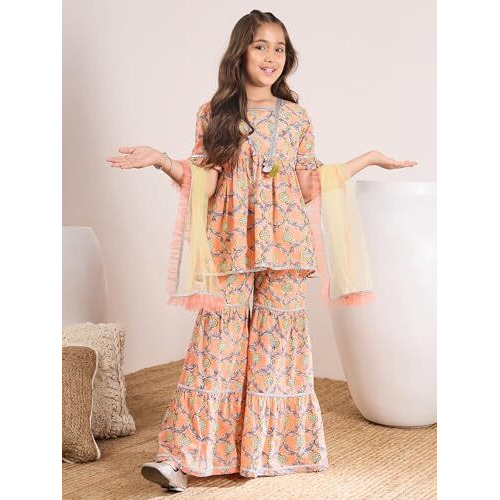 Pspeaches Girls Cotton Sharara Set (Sha-Orangegreen-5-6Y_Orange