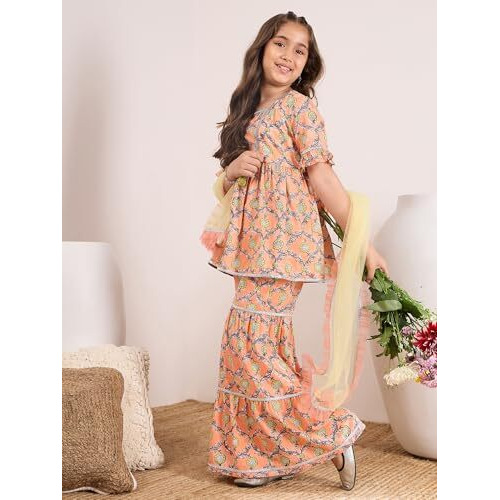 Pspeaches Girls Cotton Sharara Set (Sha-Orangegreen-5-6Y_Orange