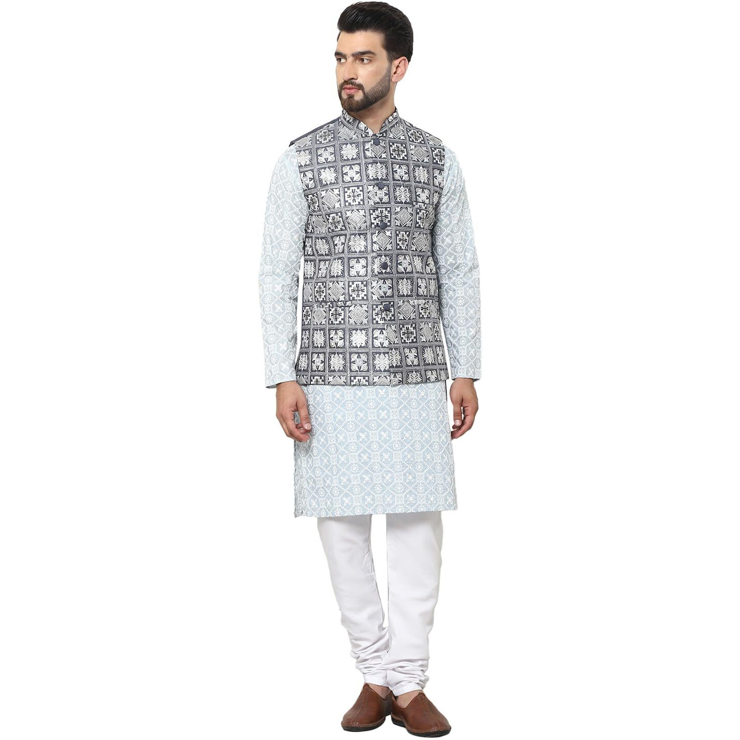 Sojanya (Since 1958 Mens Cotton Embroidered Grey Kurta And White Pyjama With Embroidered Grey Nehru Jacket