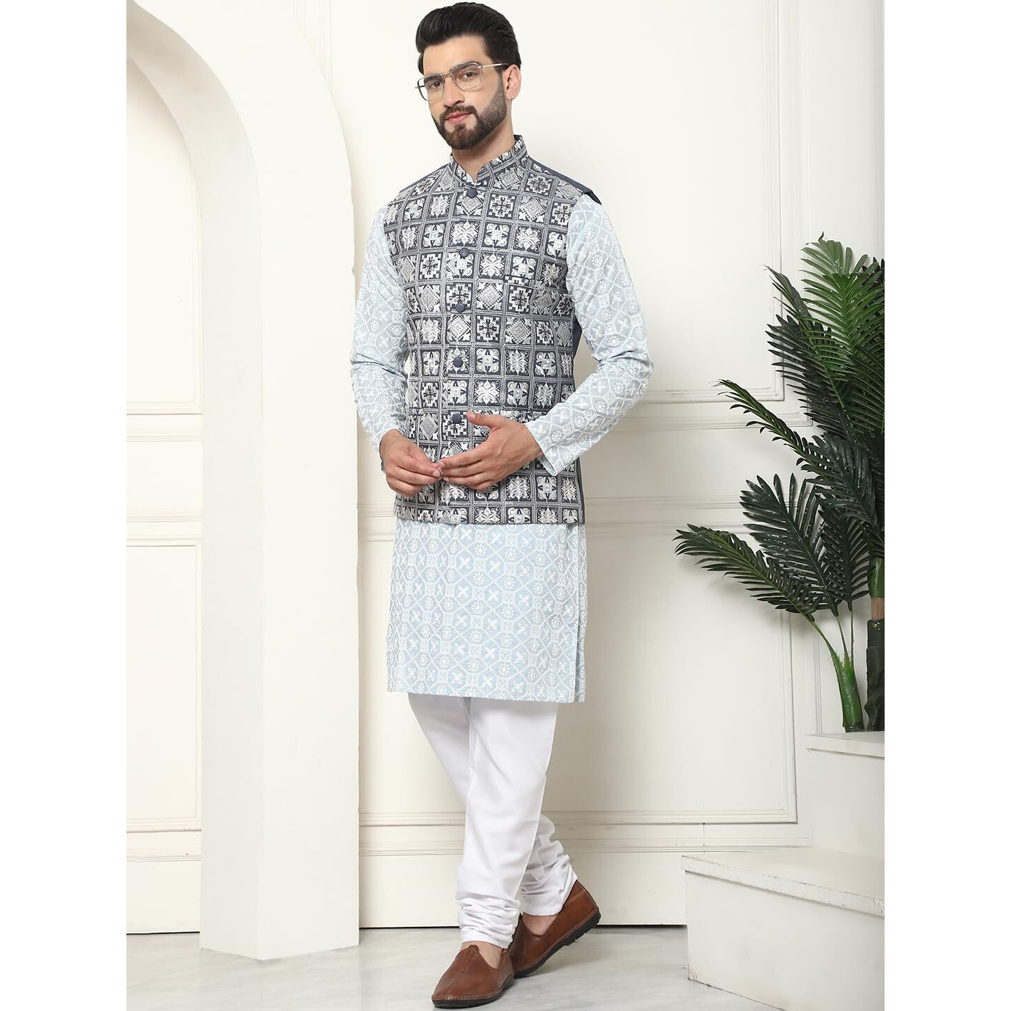 Sojanya (Since 1958 Mens Cotton Embroidered Grey Kurta And White Pyjama With Embroidered Grey Nehru Jacket
