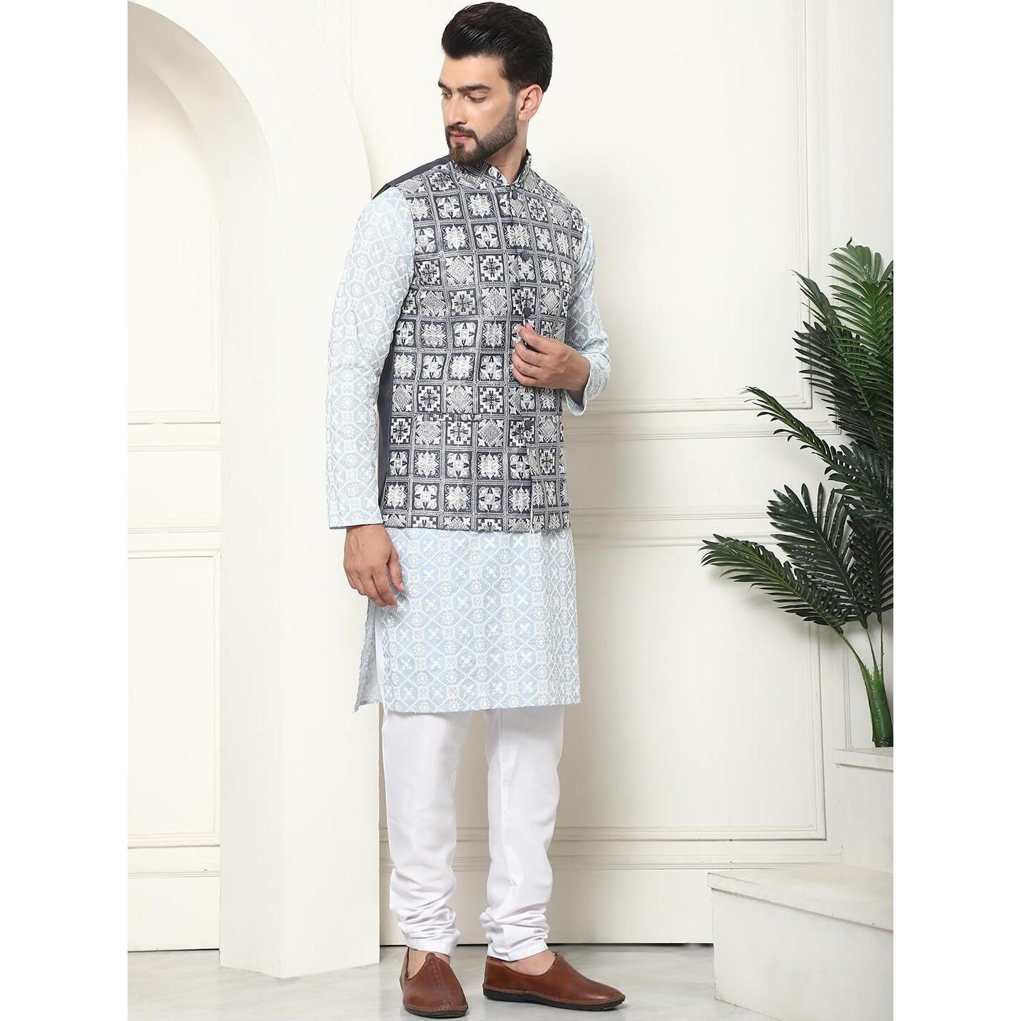 Sojanya (Since 1958 Mens Cotton Embroidered Grey Kurta And White Pyjama With Embroidered Grey Nehru Jacket