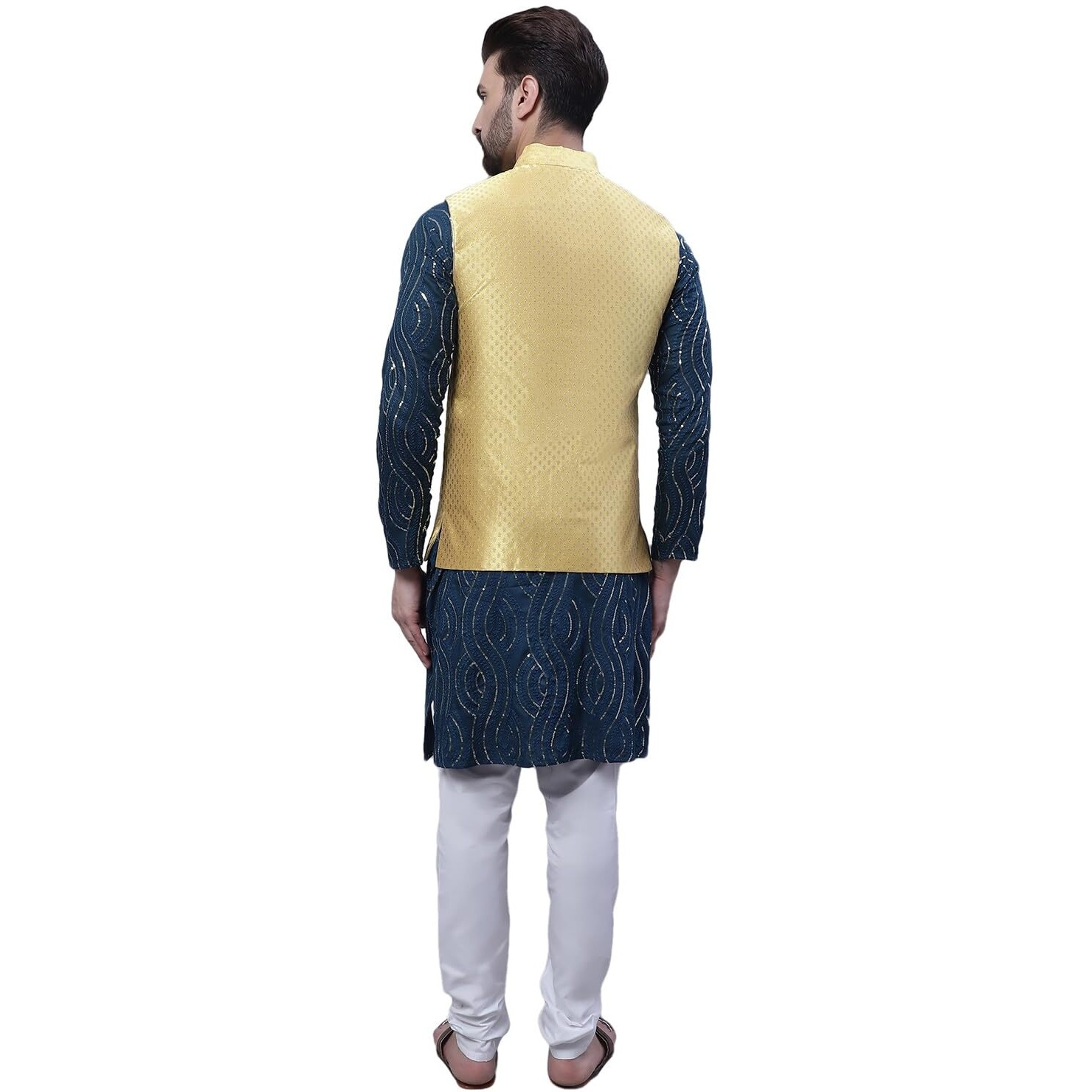 Sojanya (Since 1958 Mens Cotton Tealblue Kurta And White Pyjama With Yellow Silk Nehru Jacket