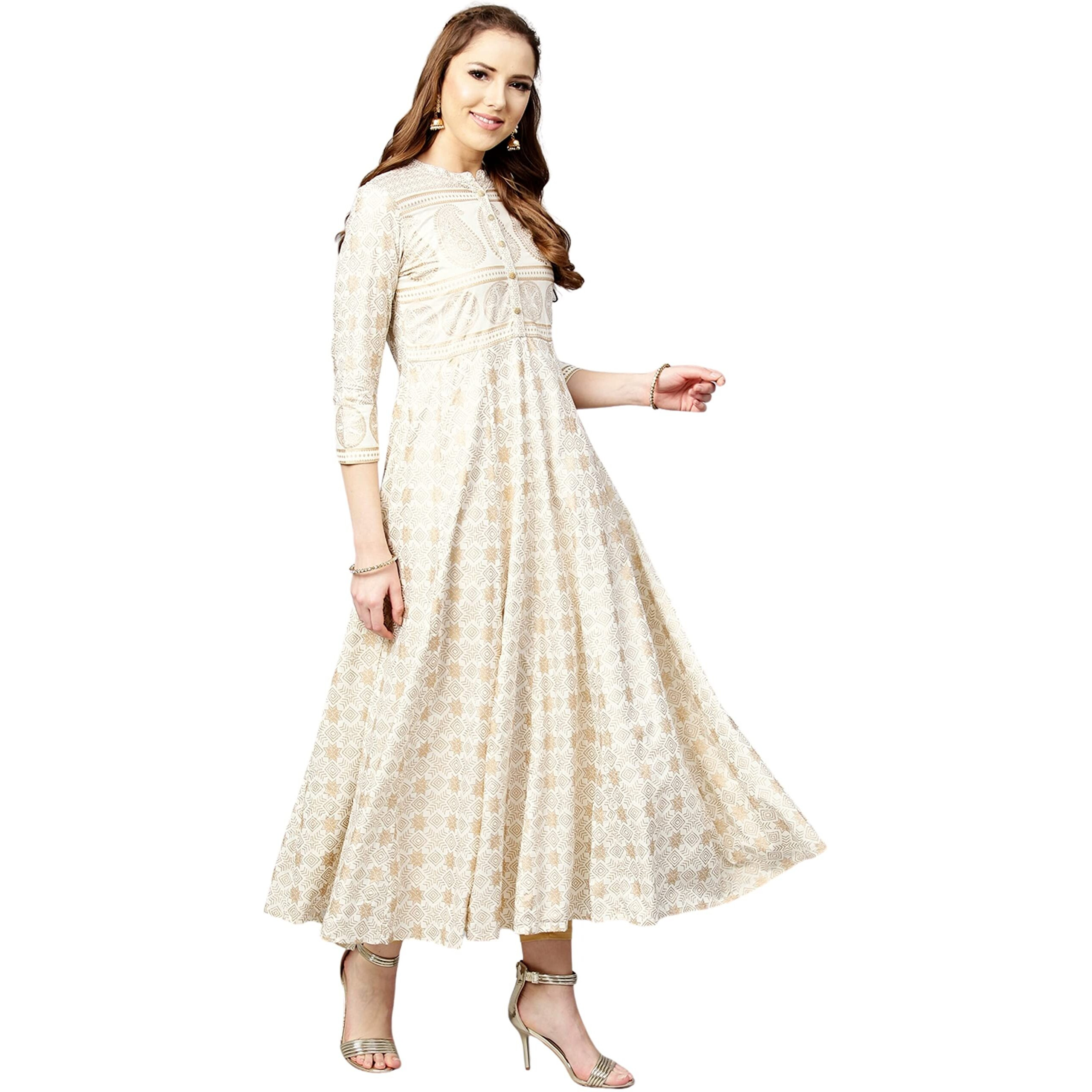 Rytras Womens Pure Cotton Printed Anarkali Kurta- Ethnic Wear, White(Ryt284,S)