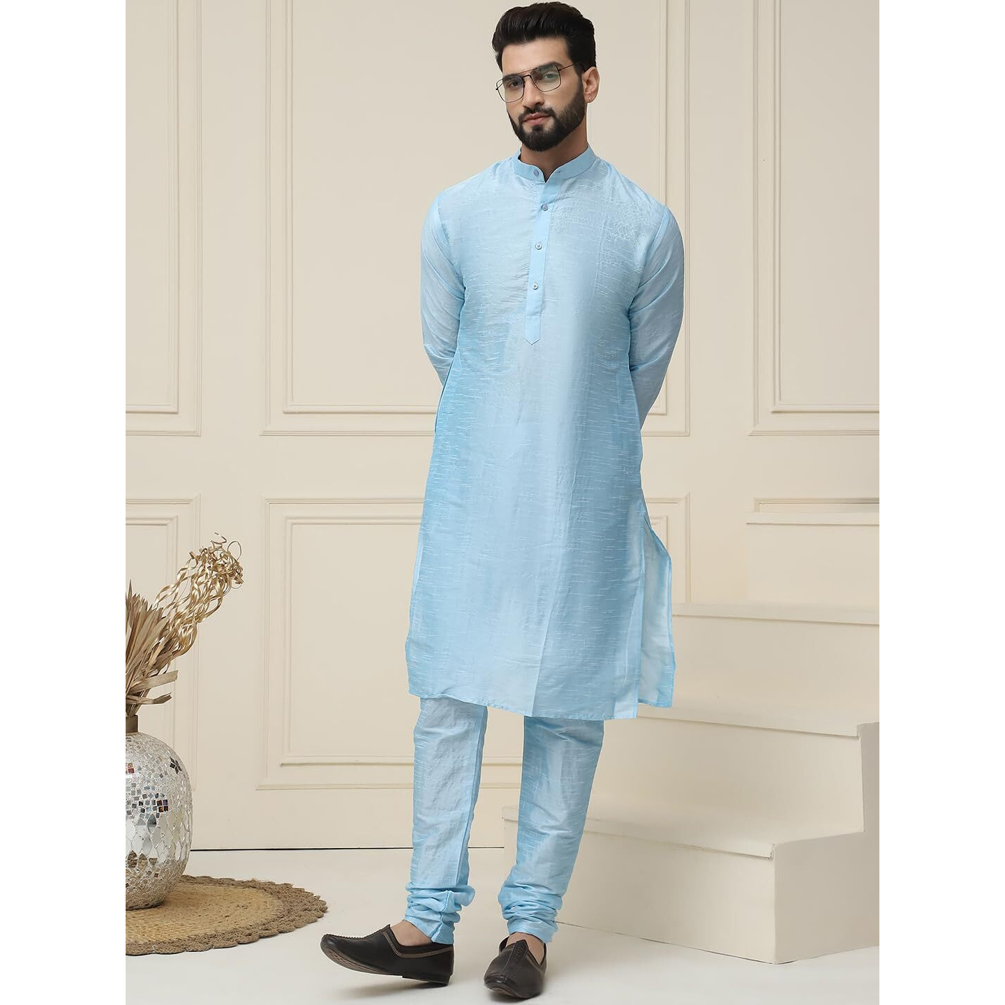 Sojanya (Since 1958 Mens Sky Blue Dupion Silk Kurta & Churidaar Pyjama