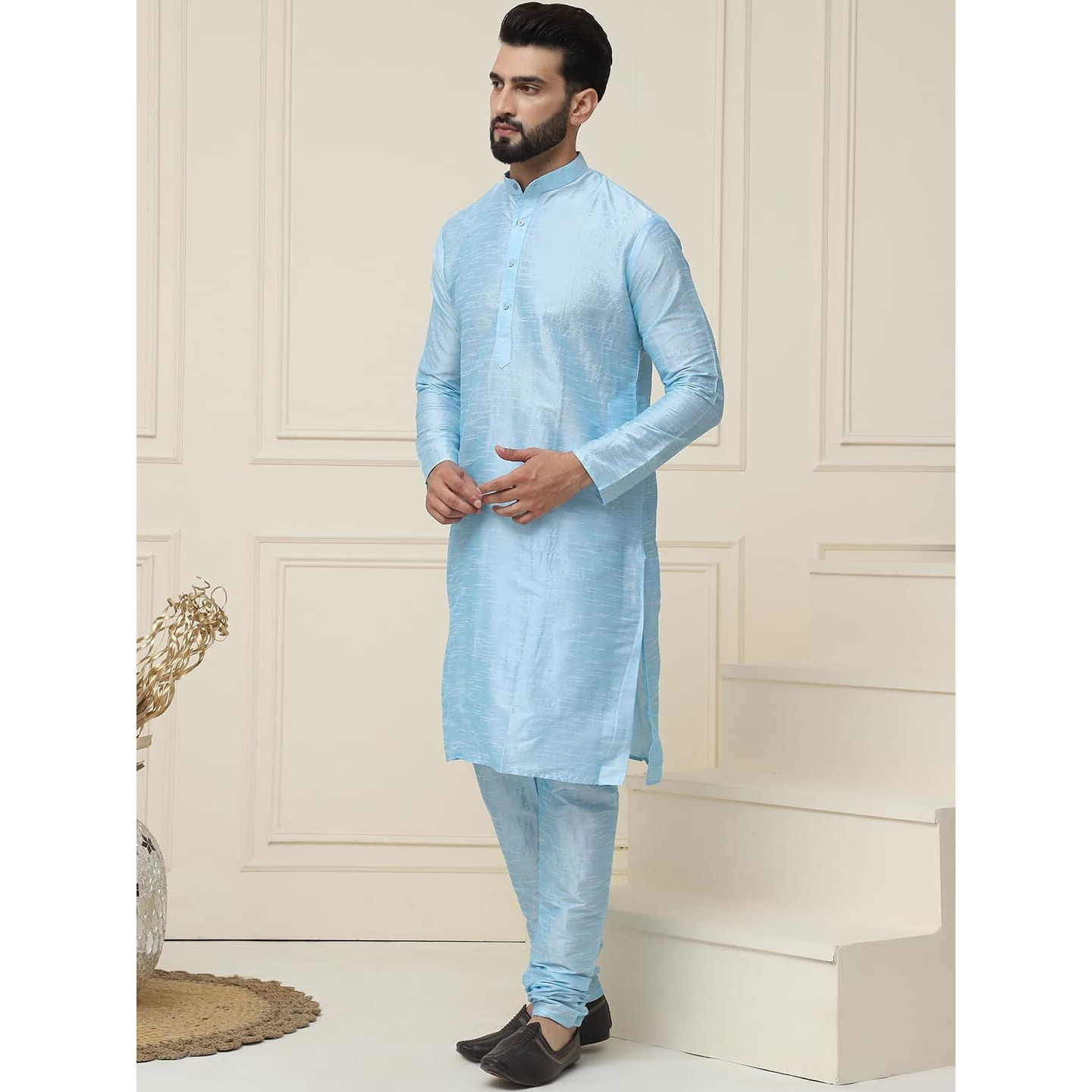 Sojanya (Since 1958 Mens Sky Blue Dupion Silk Kurta & Churidaar Pyjama