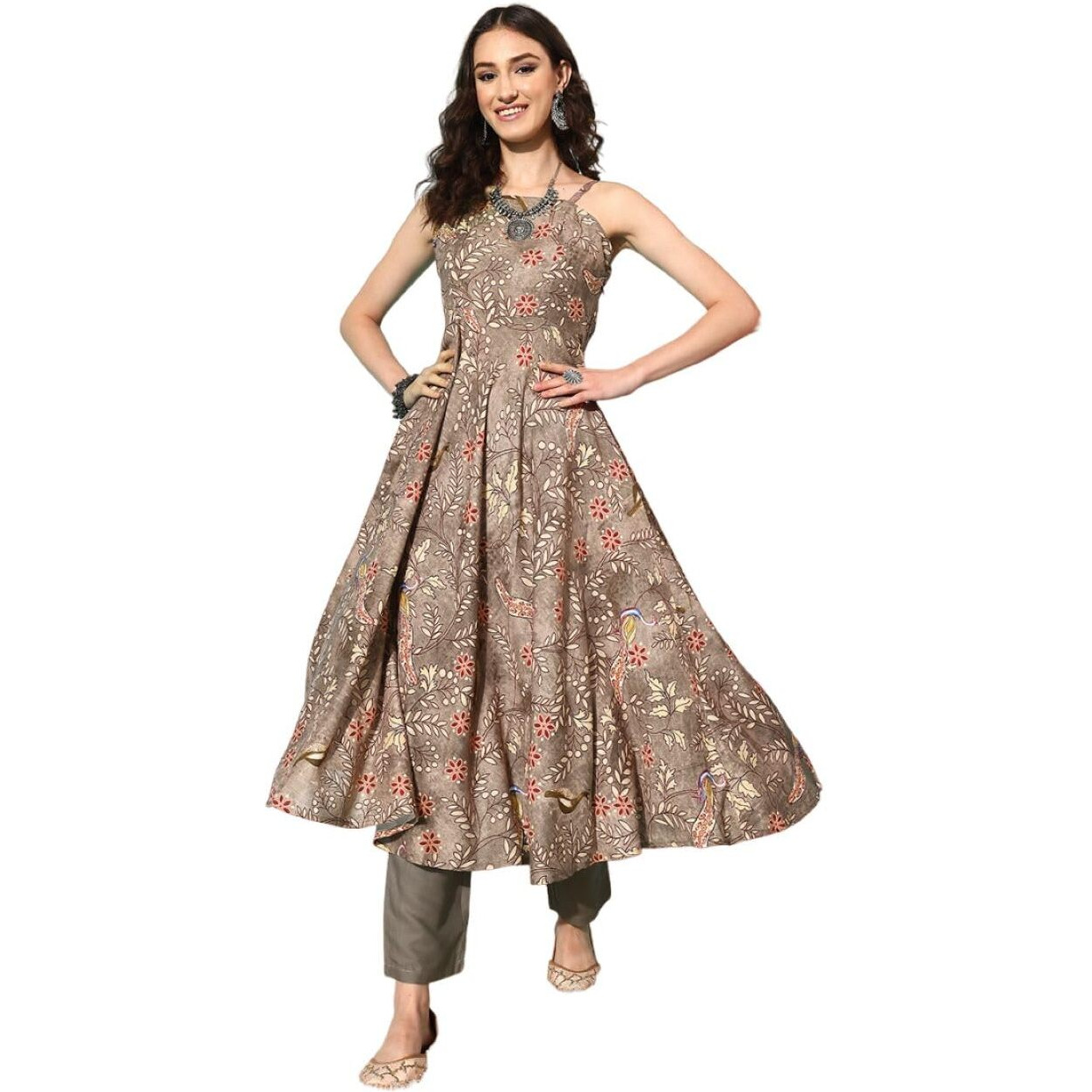 Varanga Women Brown Spaghetti Strap Style Anarkali Kurta Paired With Contrast Bottom And Dupatta