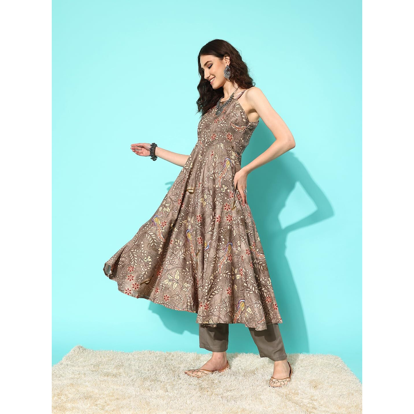 Varanga Women Brown Spaghetti Strap Style Anarkali Kurta Paired With Contrast Bottom And Dupatta