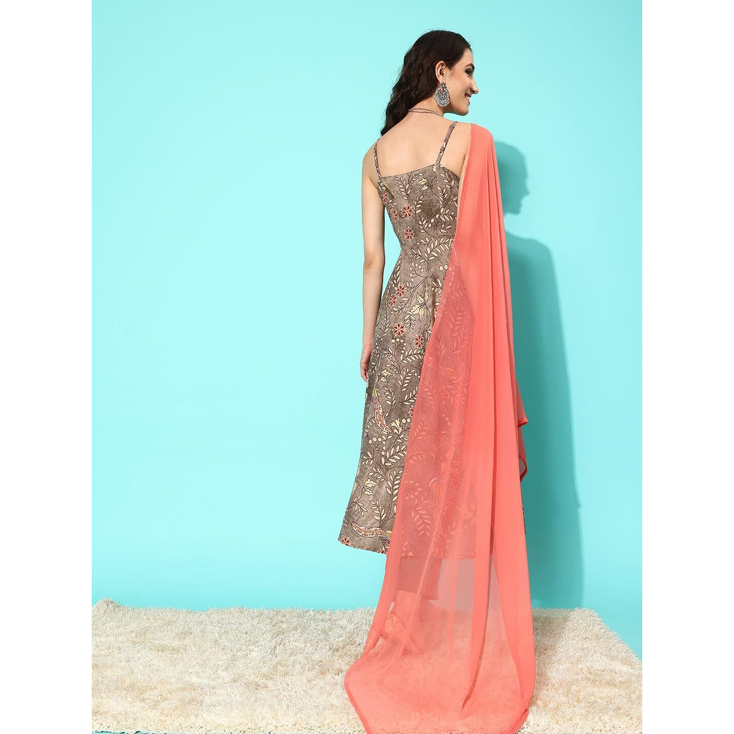 Varanga Women Brown Spaghetti Strap Style Anarkali Kurta Paired With Contrast Bottom And Dupatta