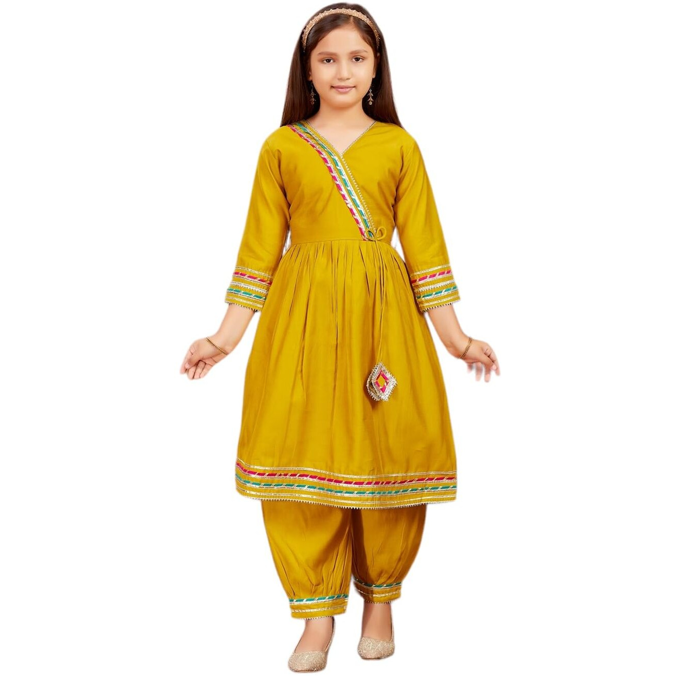 Aarika Girls Ethnic Wear Yellow Colour Solid With Gota Lace Work Silk Kurti Patiala Set (5-11 Years)