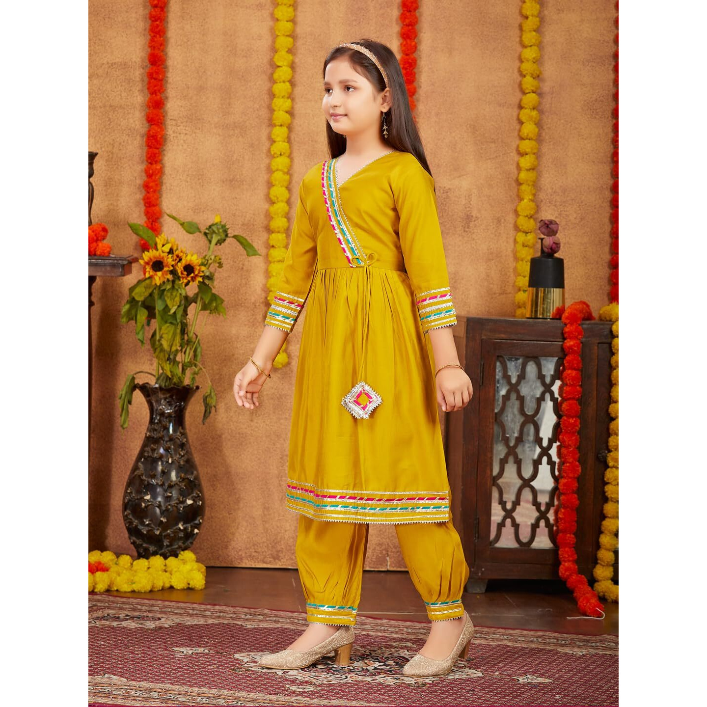 Aarika Girls Ethnic Wear Yellow Colour Solid With Gota Lace Work Silk Kurti Patiala Set (5-11 Years)