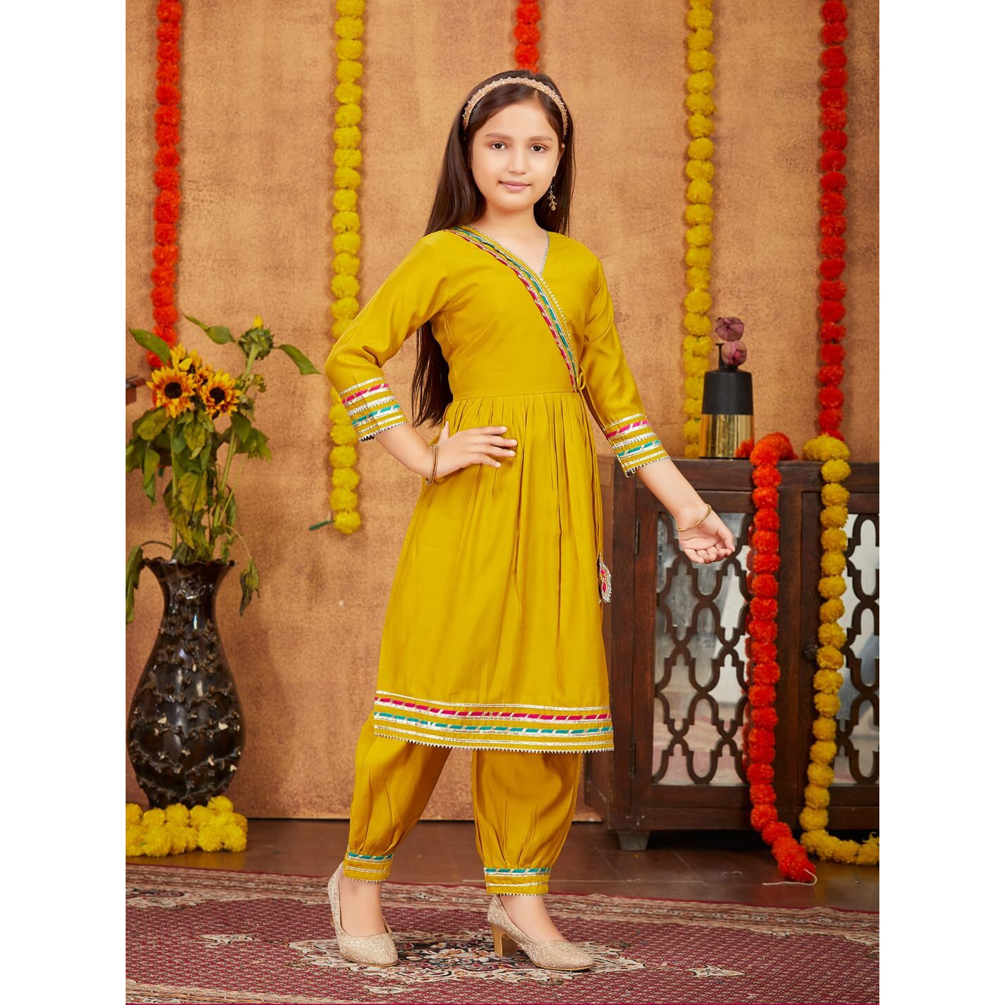 Aarika Girls Ethnic Wear Yellow Colour Solid With Gota Lace Work Silk Kurti Patiala Set (5-11 Years)
