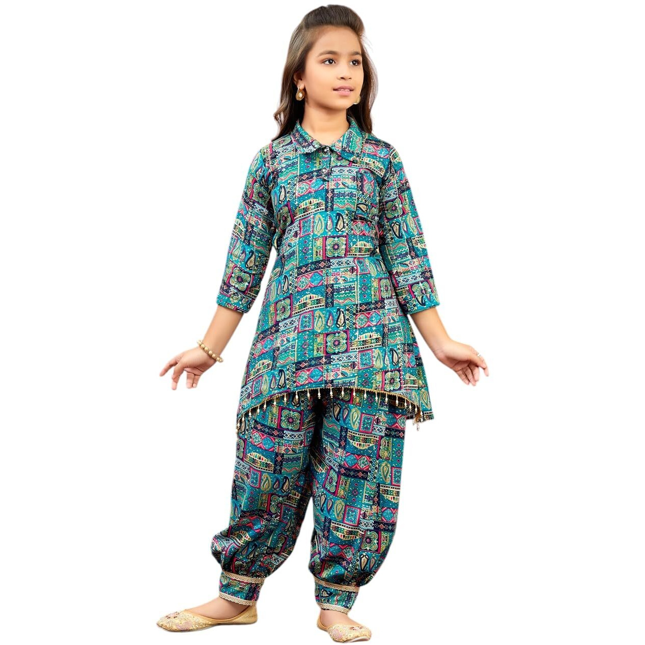 Aarika Girls Ethnic Wear Sea Green Colour Abstract Printed Cotton Kurti Patiala Set With Belt-(10-13 Years)-(Pt-30578-Green-34)