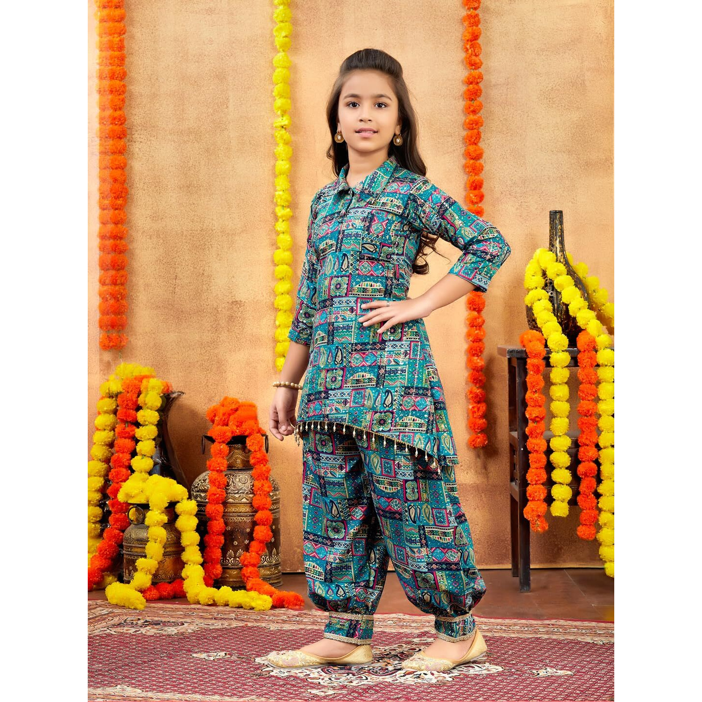 Aarika Girls Ethnic Wear Sea Green Colour Abstract Printed Cotton Kurti Patiala Set With Belt-(10-13 Years)-(Pt-30578-Green-34)