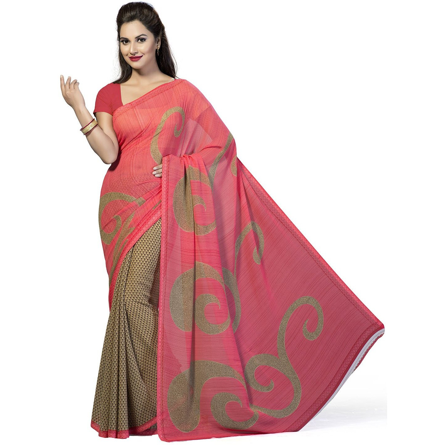 Ishin Women's Faux Georgette Saree With Blouse Piece (Ishinsp-Ss-128, Beige & Pink, Free Size)