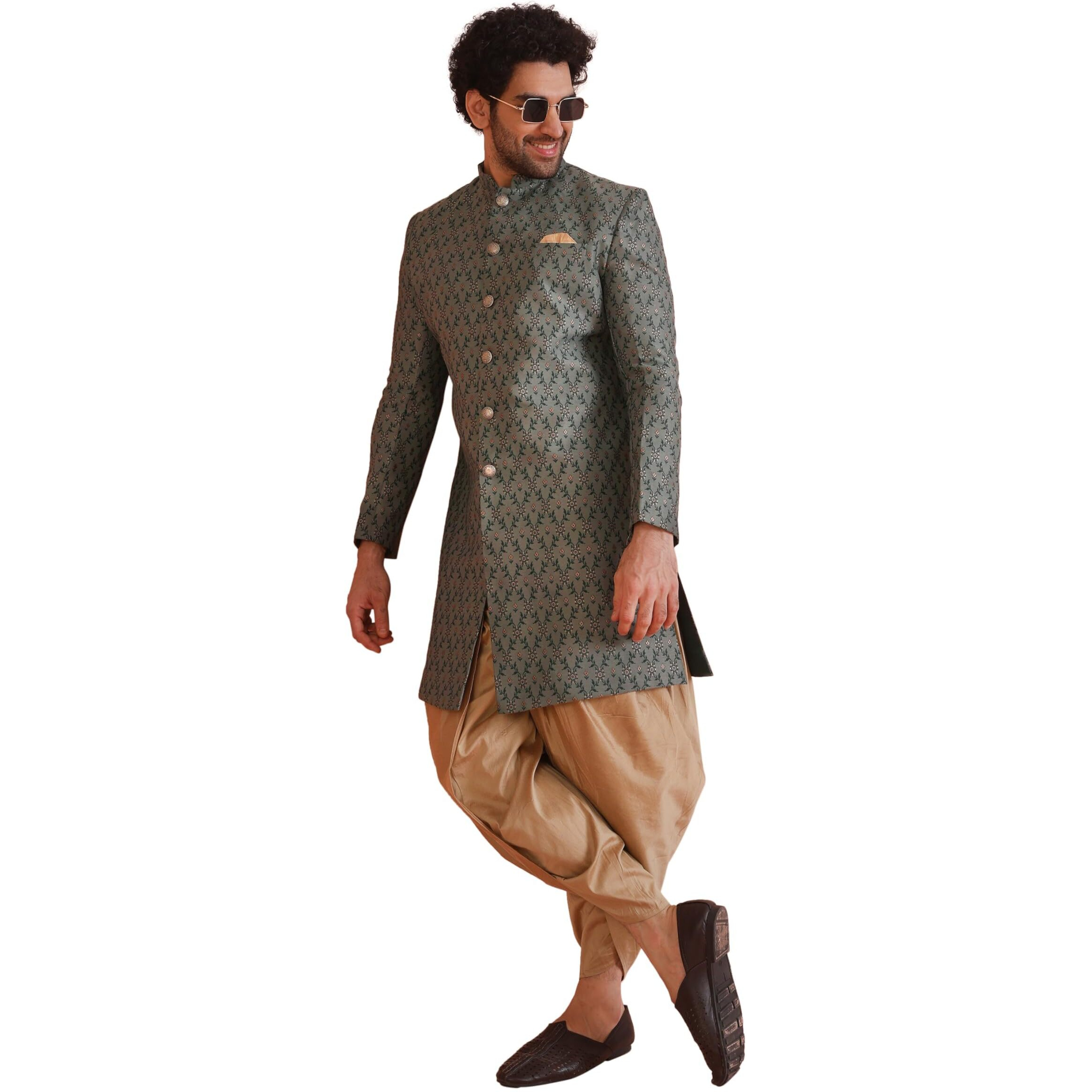 Kisah Men's Ethnic Wear Silk Blend Printed Regular Fit Grey- Beige Indo-Western Sherwani Set Indo-Western