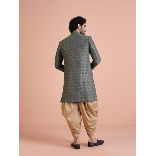 Kisah Men's Ethnic Wear Silk Blend Printed Regular Fit Grey- Beige Indo-Western Sherwani Set Indo-Western