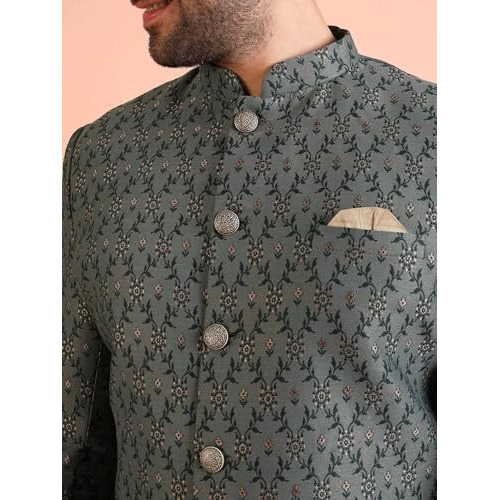 Kisah Men's Ethnic Wear Silk Blend Printed Regular Fit Grey- Beige Indo-Western Sherwani Set Indo-Western