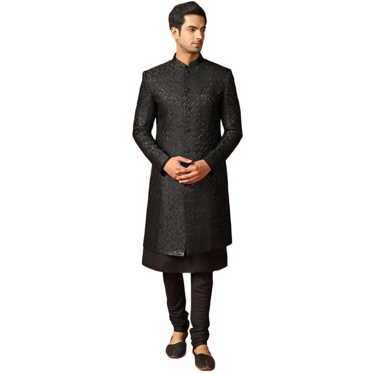 Kisah Men's Kurta Indo-Western Sherwani Churidar Set, Black Jacquard, Woven Regular Fit Mandarin Collar Long Sleeves (44)