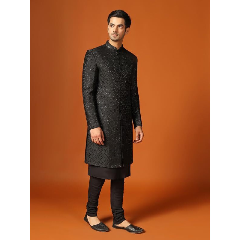 Kisah Men's Kurta Indo-Western Sherwani Churidar Set, Black Jacquard, Woven Regular Fit Mandarin Collar Long Sleeves (44)