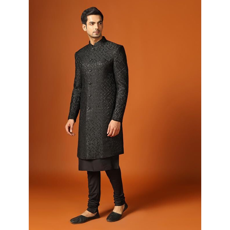 Kisah Men's Kurta Indo-Western Sherwani Churidar Set, Black Jacquard, Woven Regular Fit Mandarin Collar Long Sleeves (44)
