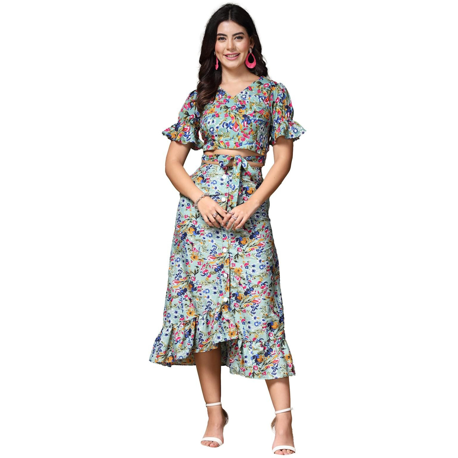 Oomph Crepe Crop Top And Skirt Set For Women, Blue - Coord_Mt893Msk201