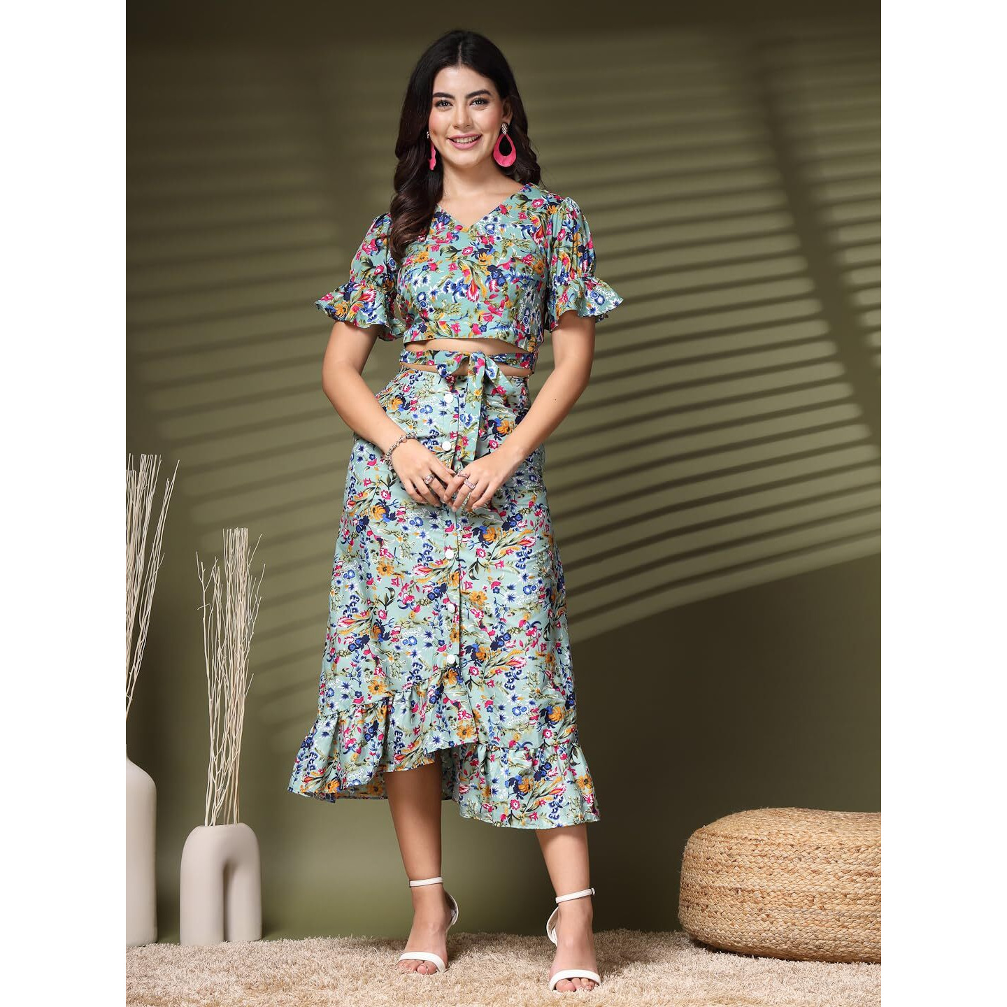 Oomph Crepe Crop Top And Skirt Set For Women, Blue - Coord_Mt893Msk201
