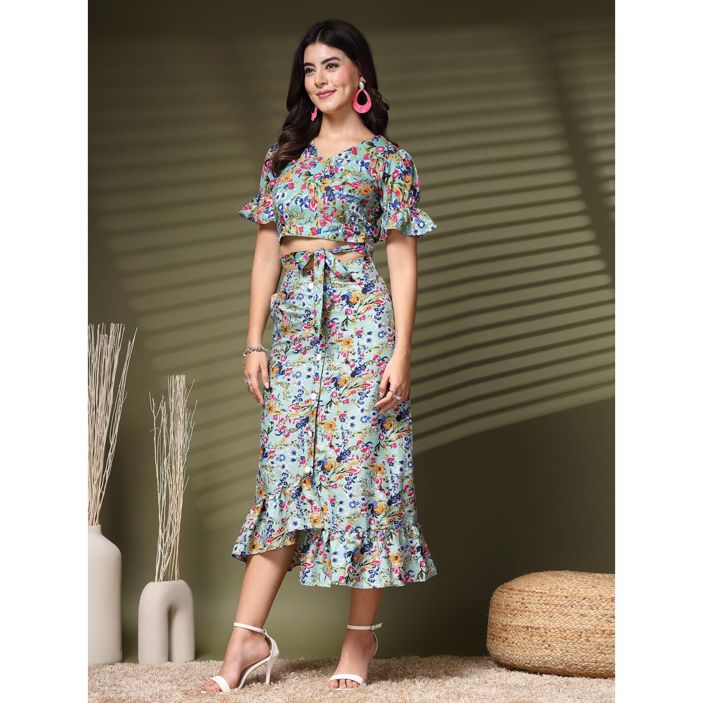 Oomph Crepe Crop Top And Skirt Set For Women, Blue - Coord_Mt893Msk201
