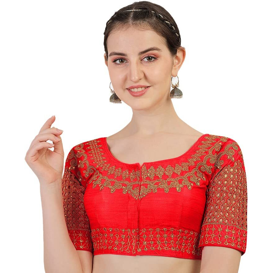 Pujia Mills Women's Phantom Silk Floral Half Sleeve Saree Blouse (Jali Blouse Variation_Red_38 Size+Margin)