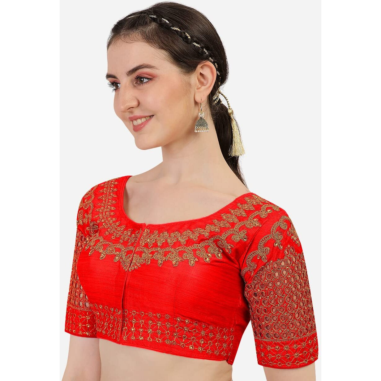 Pujia Mills Women's Phantom Silk Floral Half Sleeve Saree Blouse (Jali Blouse Variation_Red_38 Size+Margin)