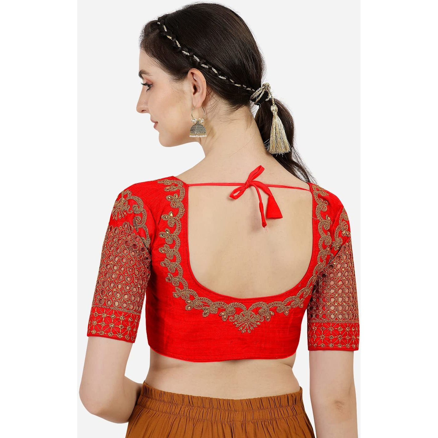 Pujia Mills Women's Phantom Silk Floral Half Sleeve Saree Blouse (Jali Blouse Variation_Red_38 Size+Margin)