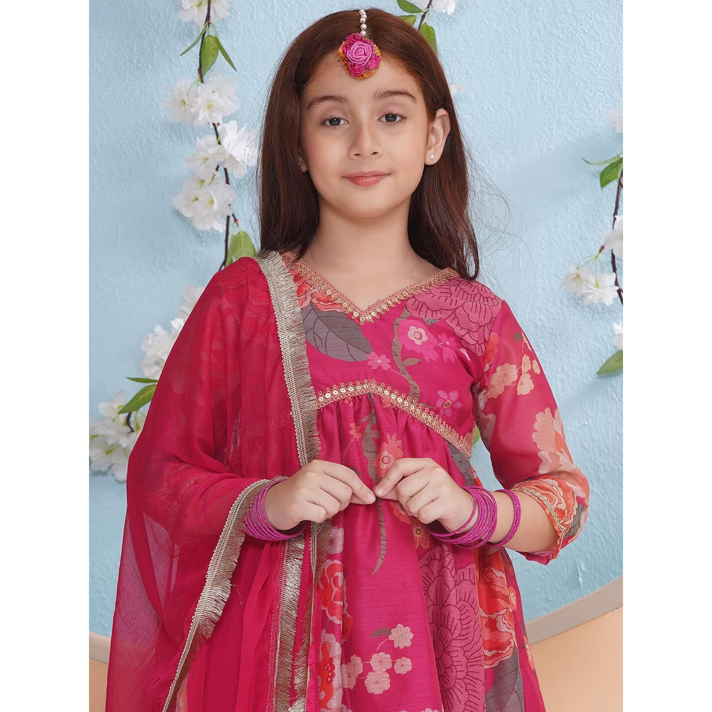 Preneum Girls's Cotton Rayon Gota Pati Multi Floral Printed Angrakha Kurta With Sharara & Dupatta, Pink, 15-16 Years