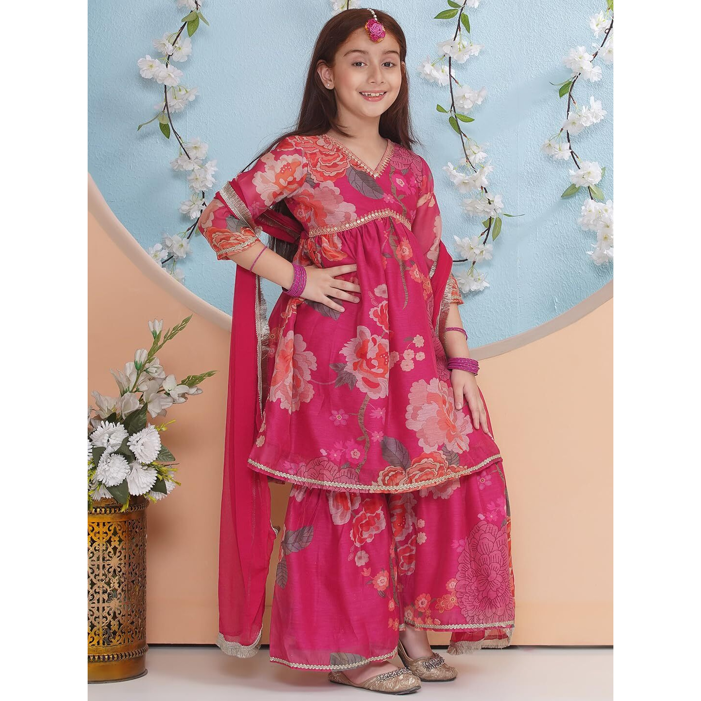 Preneum Girls's Cotton Rayon Gota Pati Multi Floral Printed Angrakha Kurta With Sharara & Dupatta, Pink, 15-16 Years