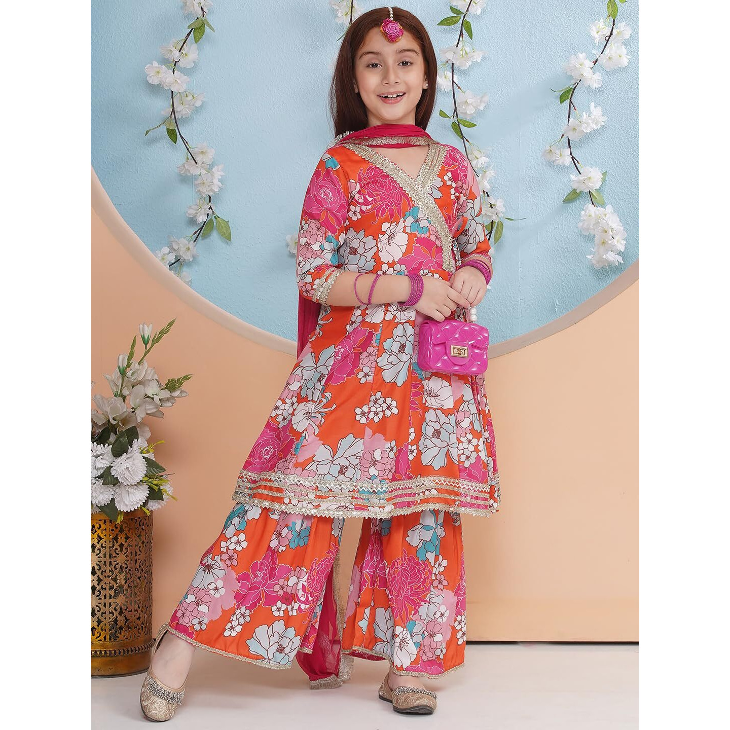 Preneum Girls's Cotton Rayon Printed Angrakha Kurta With Sharara & Dupatta, Orange, 7-8 Years