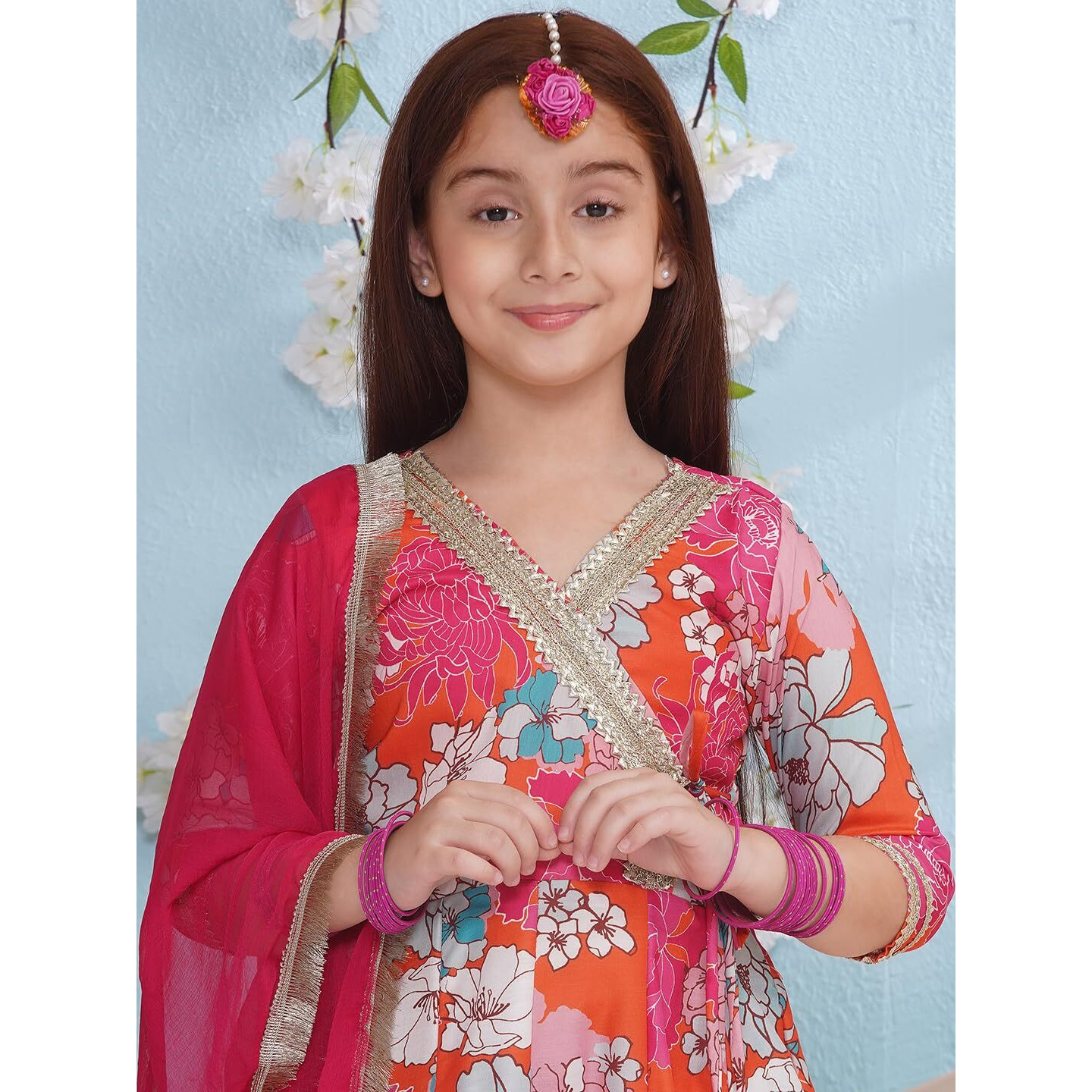 Preneum Girls's Cotton Rayon Printed Angrakha Kurta With Sharara & Dupatta, Orange, 7-8 Years