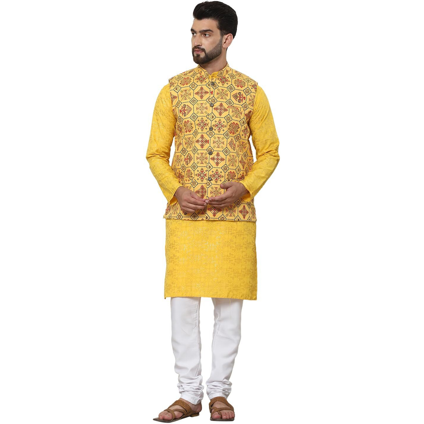 Sojanya (Since 1958 Men's Cotton Foil Printed Mustard Kurta And White Pyjama With Printed Yellow Nehru Jacket