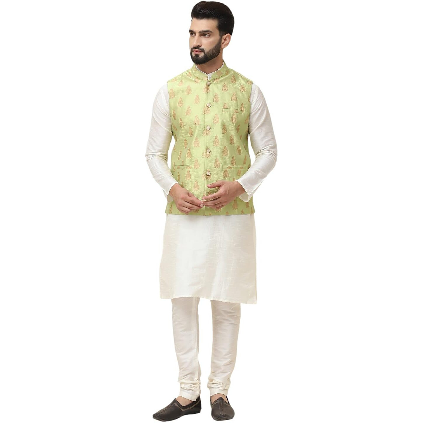 Sojanya (Since 1958 Men's Silk Blend Cream Kurta Pyjama With Green Nehrujacket Set
